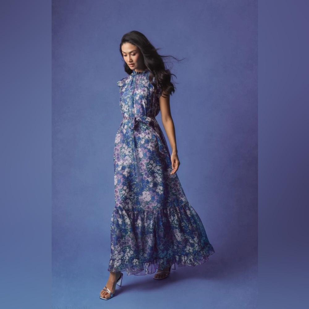 Mac Duggal Blue Floral Maxi Dress